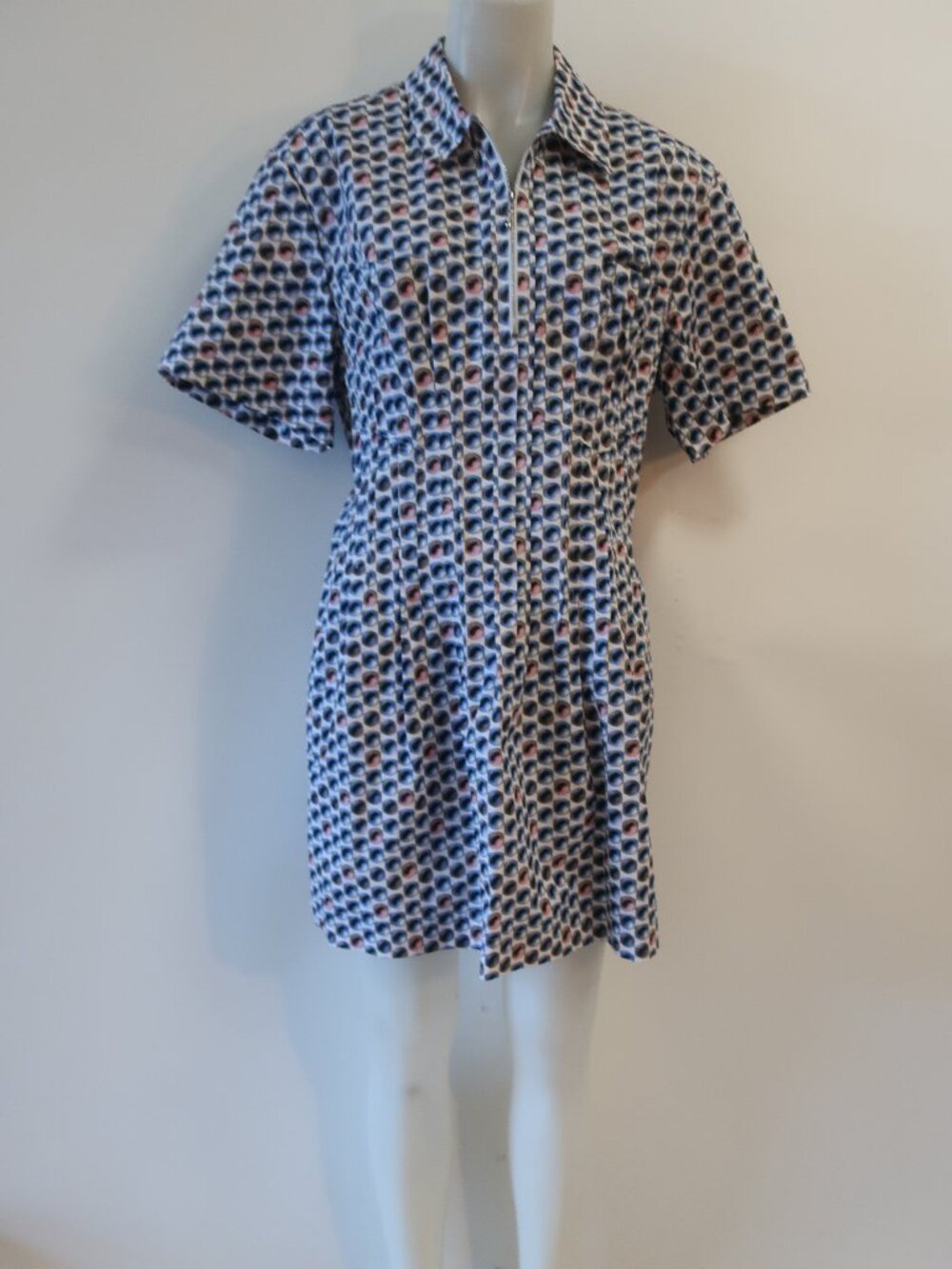 Womens Tory Burch White, Blue Print Short Sleeve 3/4 Zipper Dress 14